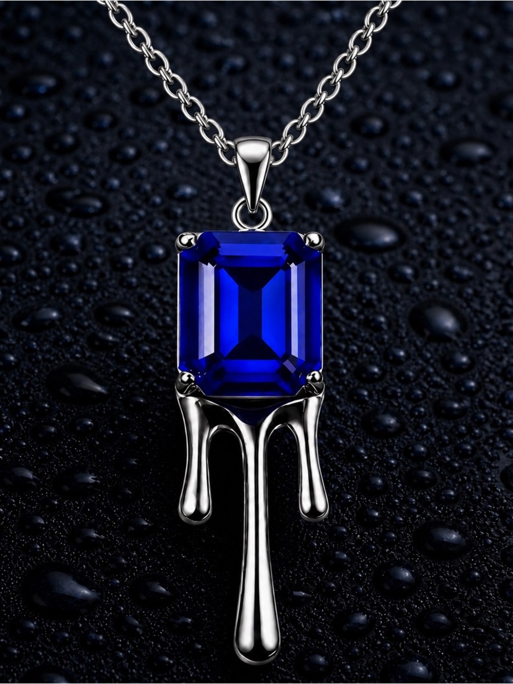 Dripping Baguette~ Blue Sapphire Liquid Metal Lava Droplet Vampire Edgy Necklace